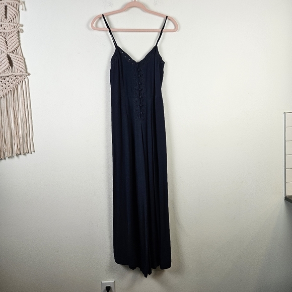 Free People Eileen Lace Details Wide Leg Jumpsuit Size 0 Navy Lightweight - Picture 1 of 6
